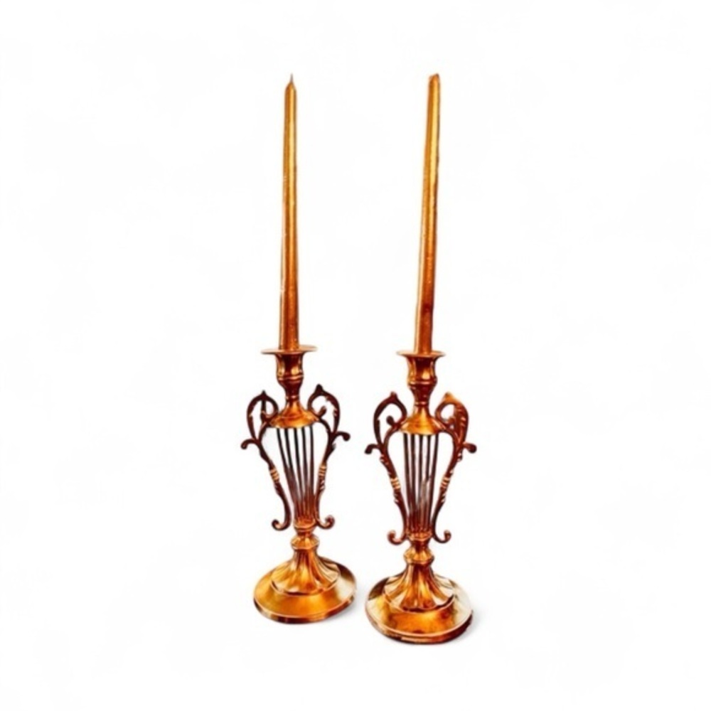 Pair of Lyre Shaped Brass Candle Holders 10-1/8" Tall Candlesticks. Vintage